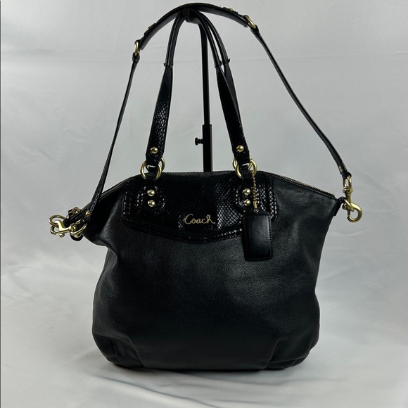 Coach Black Leather Satchel Snakeskin Embossed Shoulder Bag Purse - Picture 1 of 12
